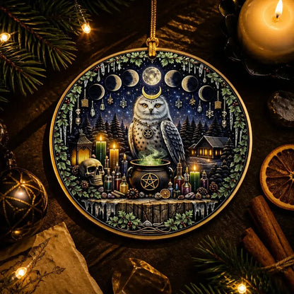 Moon Phases Winter Owl Pagan Yule Ceramic Ornament – Wiccan Christmas Tree Decor_mockup_3.webp