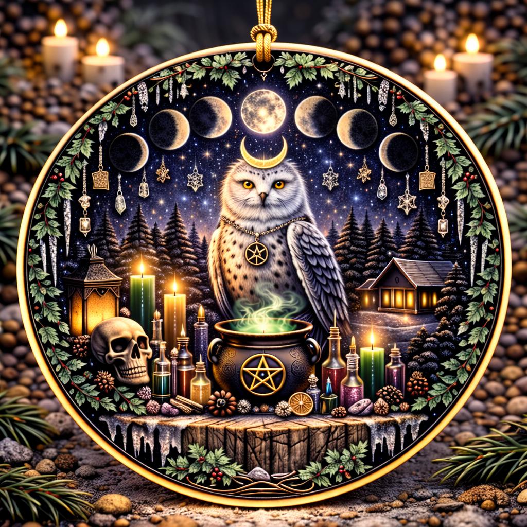 Moon Phases Winter Owl Pagan Yule Ceramic Ornament – Wiccan Christmas Tree Decor-MoonChildWorld