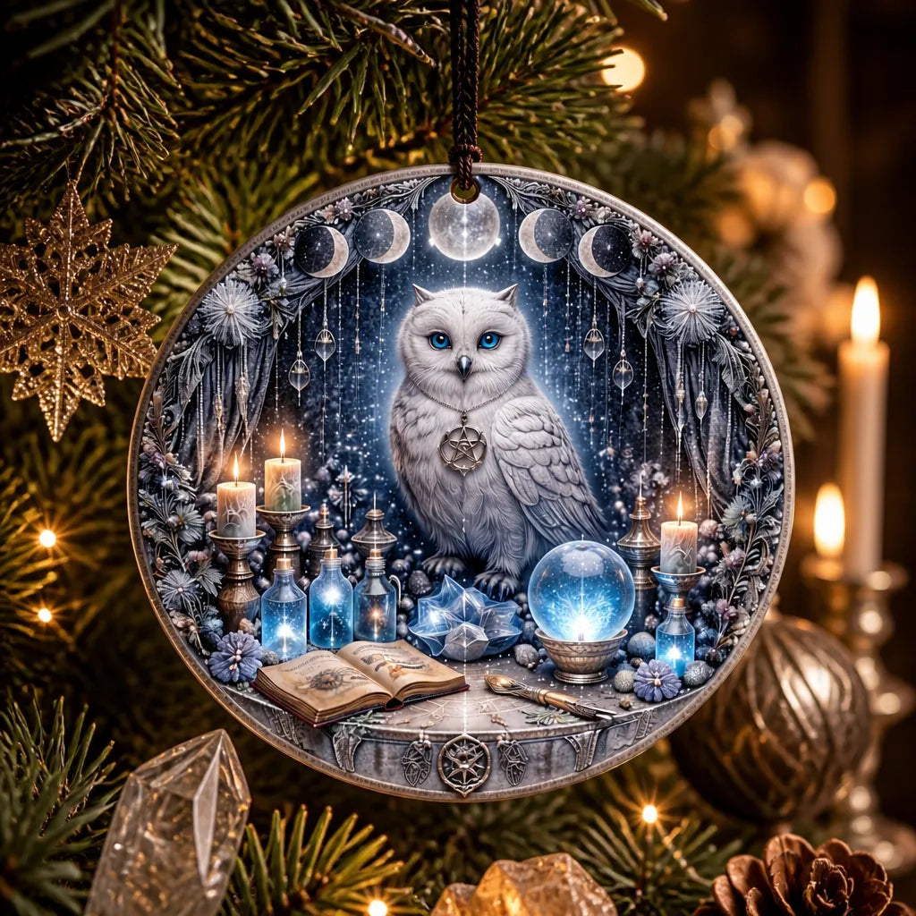 Moon Phases Winter Owl Wicca Yule Ceramic Ornament – Pagan Christmas Tree Decor_mockup_1.webp