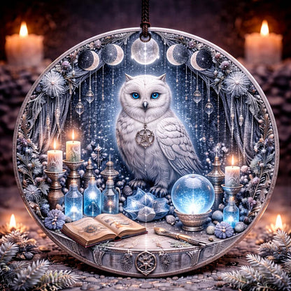 White owl with blue eyes on a ceramic Yule ornament, surrounded by moon phases, candles, and mystical items.