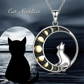 Moon Phases and Cat Pendant Necklace Witchy Jewelry-MoonChildWorld