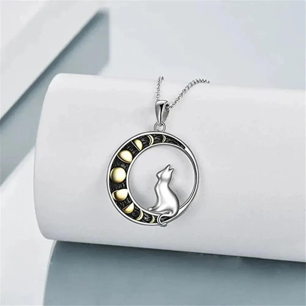 Moon Phases and Cat Pendant Necklace Witchy Jewelry-MoonChildWorld