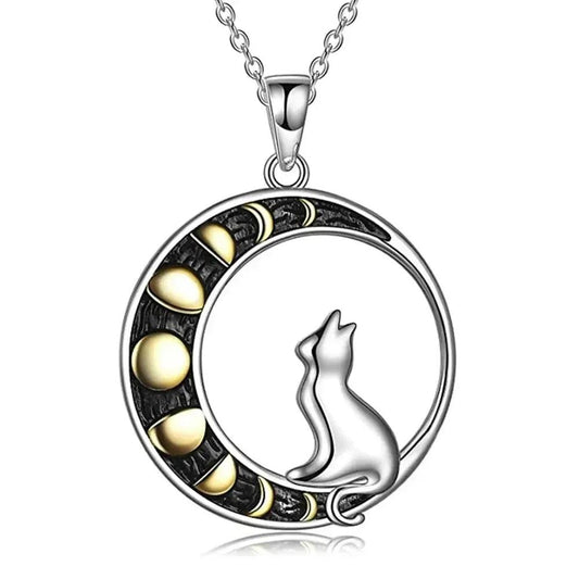 Moon Phases and Cat Pendant Necklace Witchy Jewelry-MoonChildWorld
