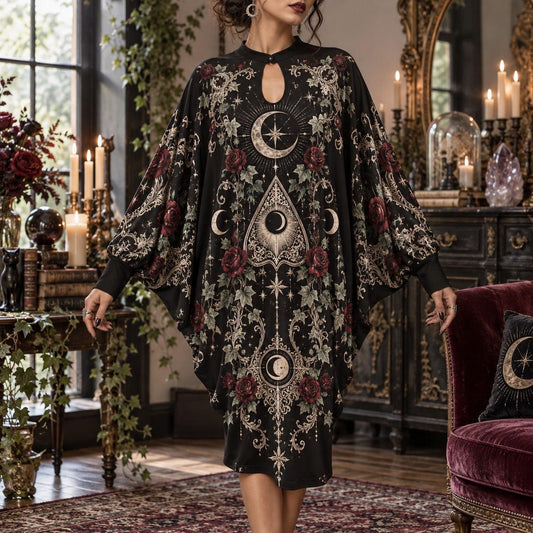 Moon Planchette Victorian Gothic Batwing Dress – Witchy Rose Midi – worn, front view
