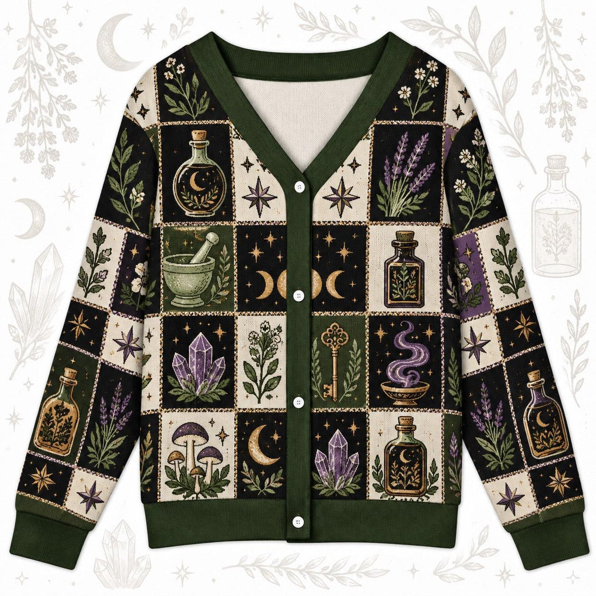Moon Potion Bottle Witchy Cardigan for Women Apothecary Lavender Moth, front view