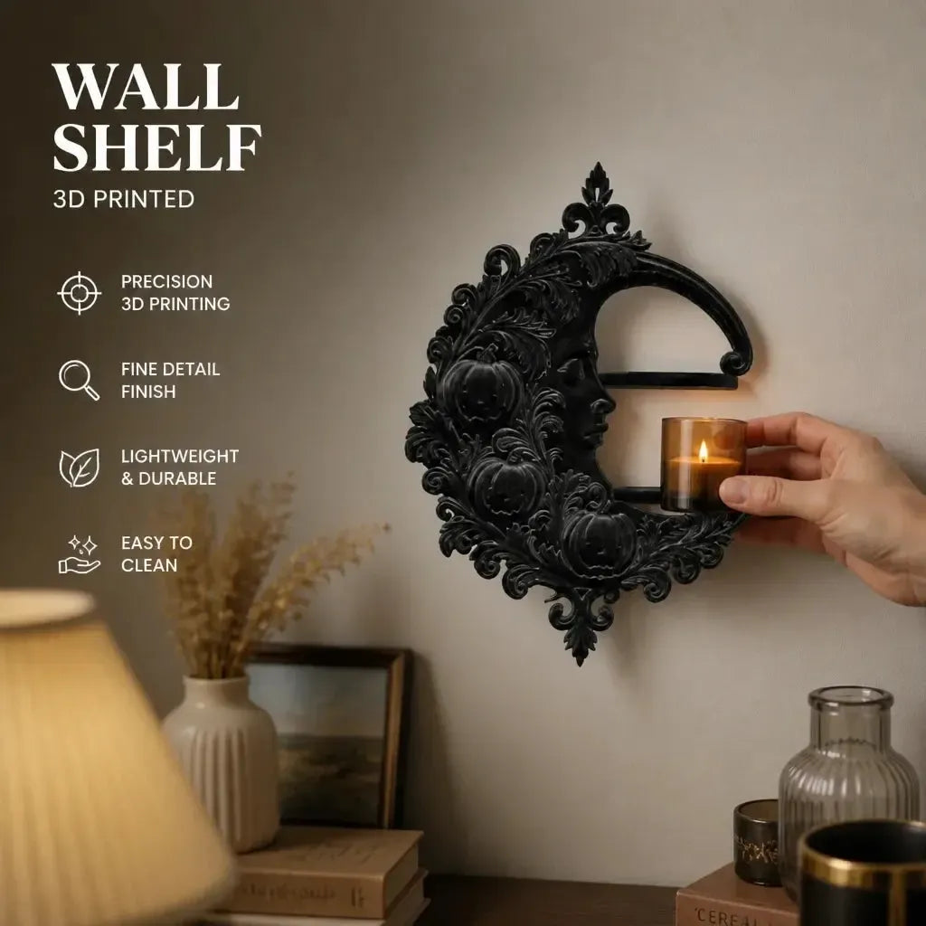 Crescent pumpkin shelf mounted beside a small light