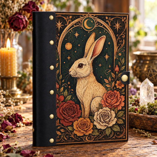 Moon Rabbit Floral Grimoire Binder on a candlelit pagan ritual altar