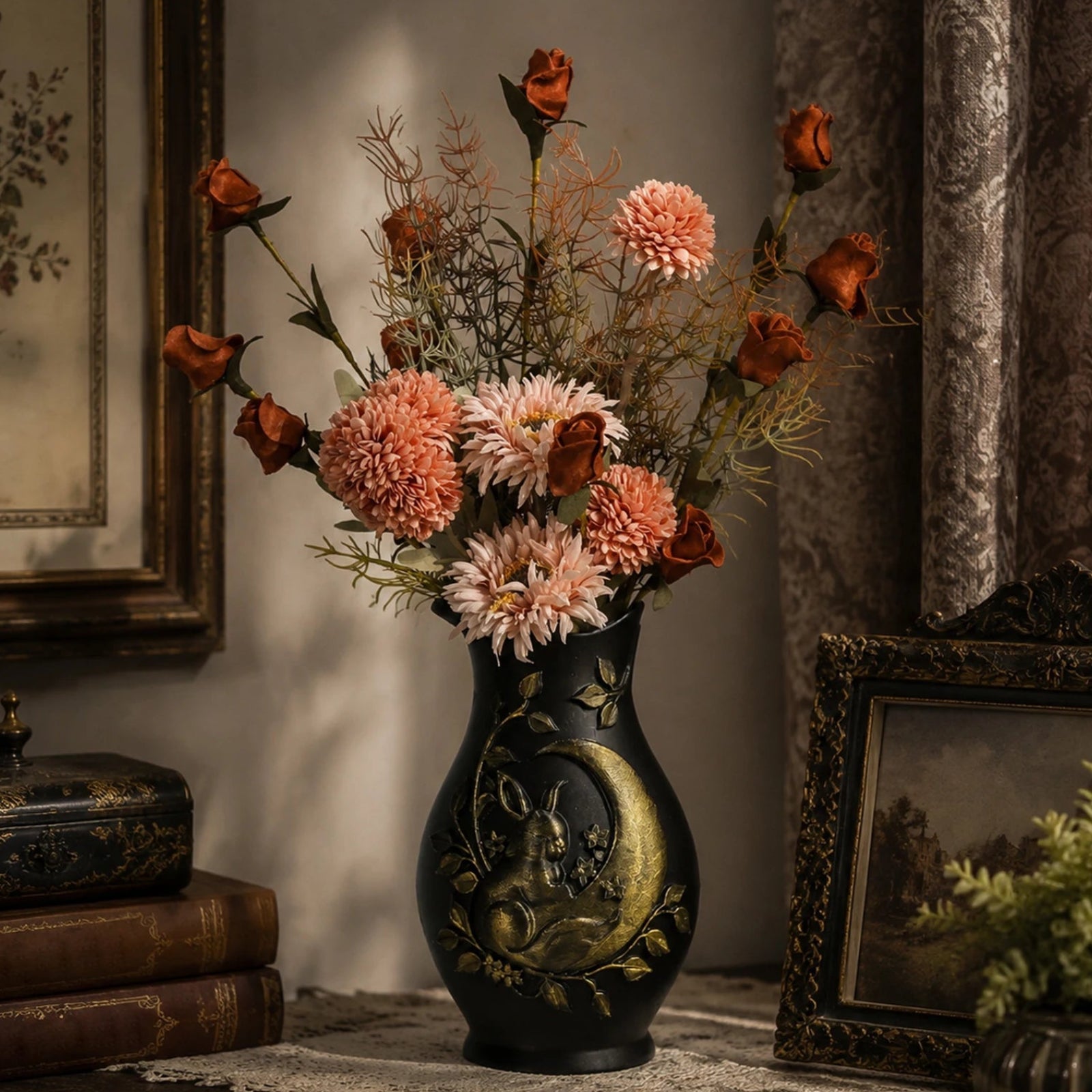 Moon Rabbit Relief Vase Gothic Resin Tabletop Flower Container-MoonChildWorld