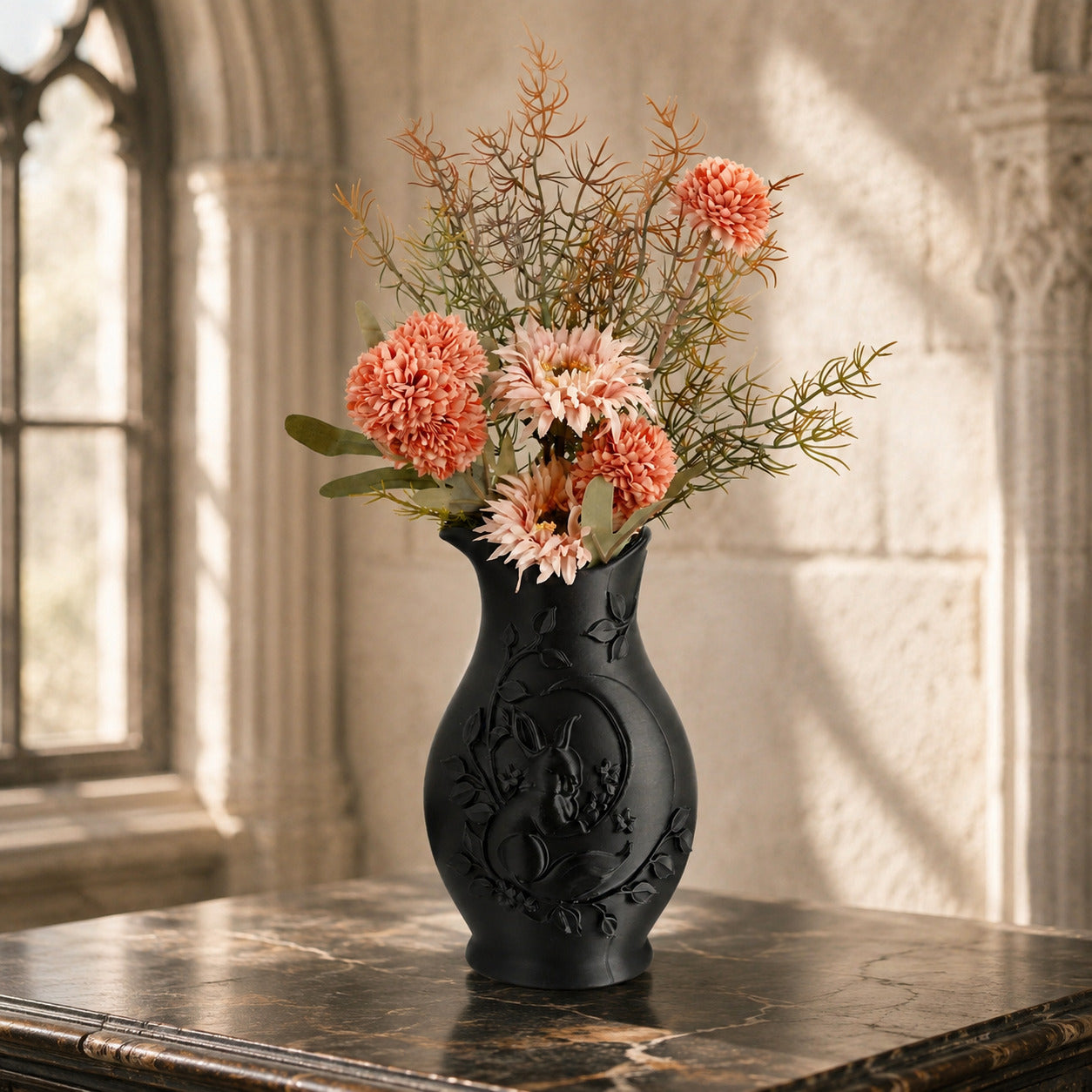 Moon Rabbit Relief Vase Gothic Resin Tabletop Flower Container-MoonChildWorld