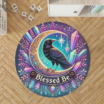 Moon Raven Round Rug Witchy Black Raven Carpet for Wicca Home Decor-MoonChildWorld