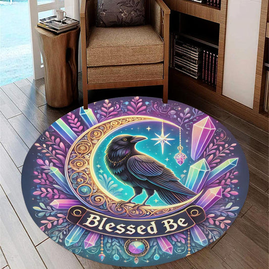 Moon Raven Round Rug Witchy Black Raven Carpet for Wicca Home Decor-MoonChildWorld
