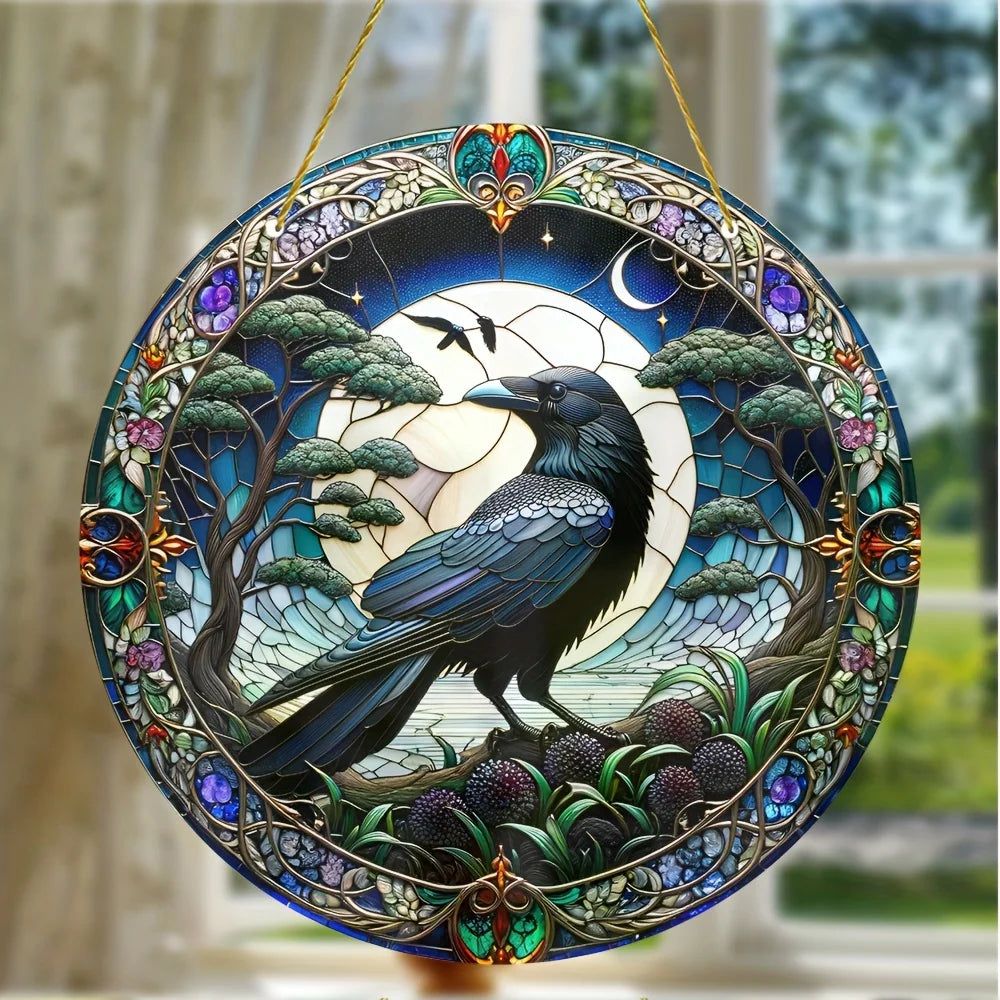 Moon Raven Suncatcher Witchy Crow Acrylic Round Sign Gothic Home Decor-MoonChildWorld