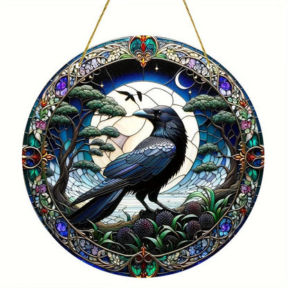 Moon Raven Suncatcher Witchy Crow Acrylic Round Sign Gothic Home Decor-MoonChildWorld