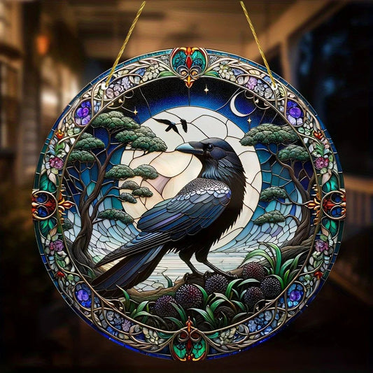 Moon Raven Suncatcher Witchy Crow Acrylic Round Sign Gothic Home Decor-MoonChildWorld
