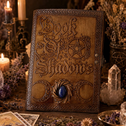 Moon Stone Leather Journal – Vintage Witch Grimoire Book of Shadows – leather journal, back cover view