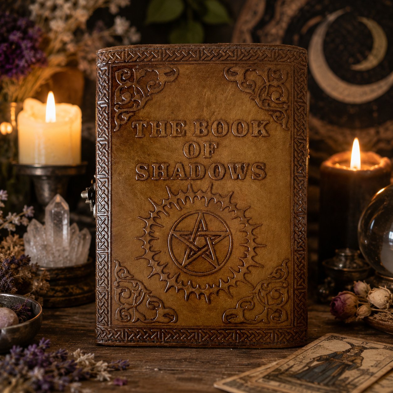 Moon Stone Leather Journal – Vintage Witch Grimoire Book of Shadows – leather journal, open blank pages view