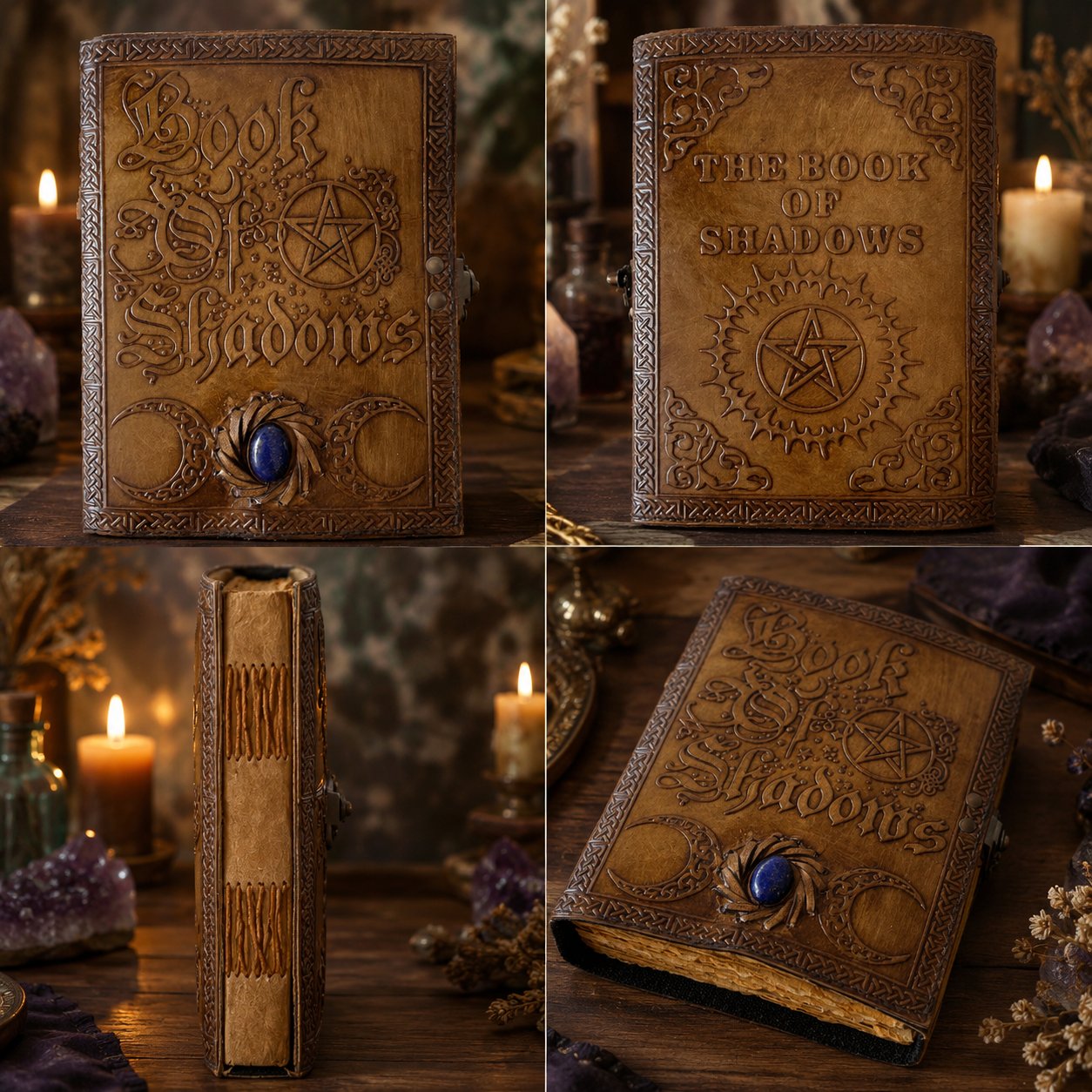 Moon Stone Leather Journal – Vintage Witch Grimoire Book of Shadows – leather journal, close-up cover detail
