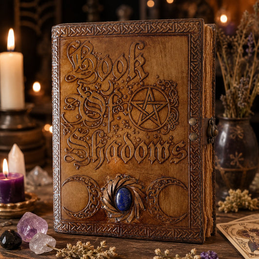 Moon Stone Leather Journal – Vintage Witch Grimoire Book of Shadows – leather journal, front cover view