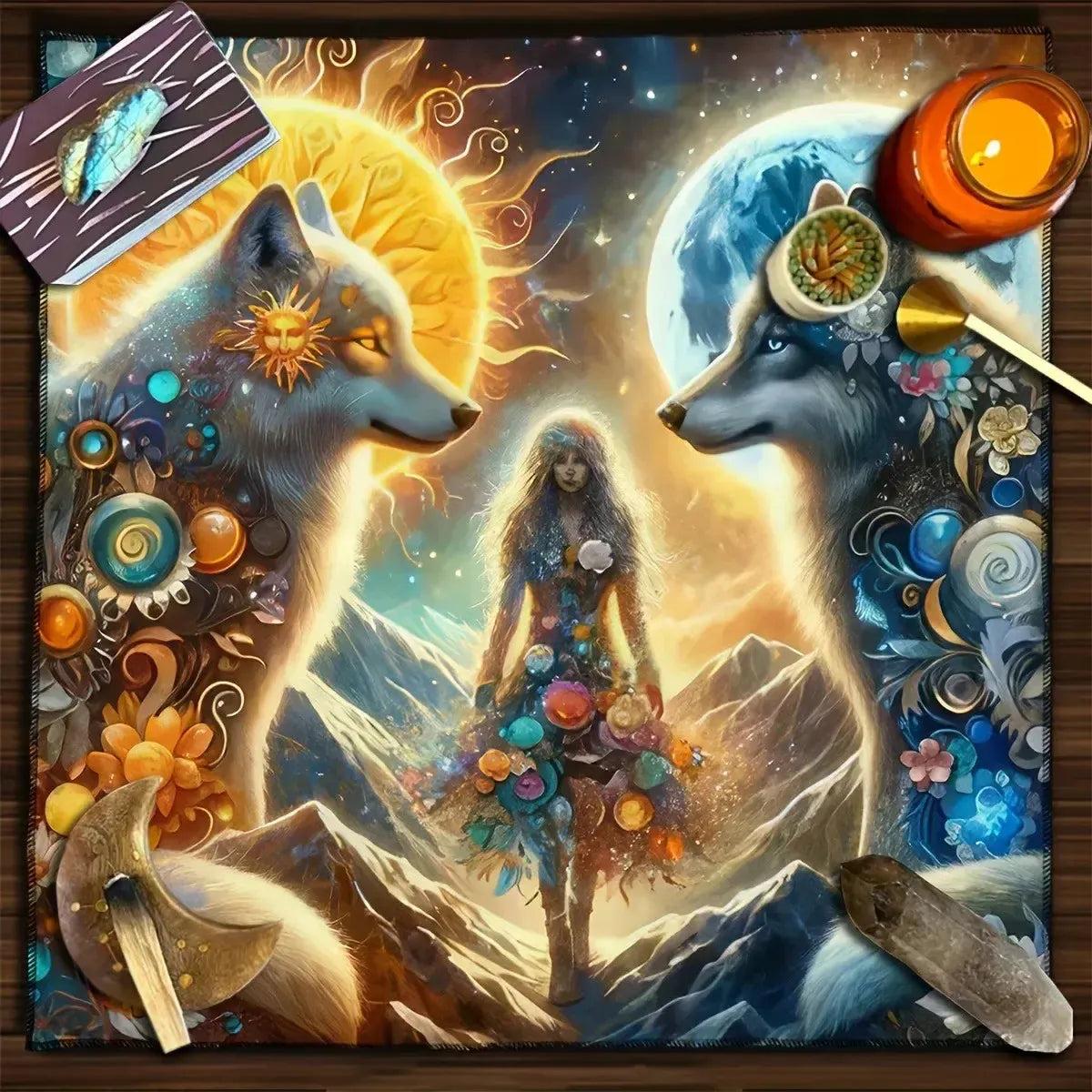 Moon Sun Wolves Witchy Tarot Tablecloth Wicca Altar Cloth for Divination Pagan Decor-MoonChildWorld