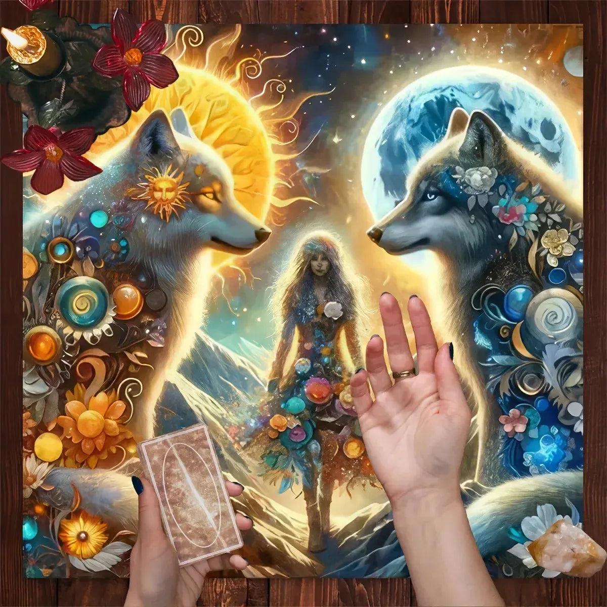 Moon Sun Wolves Witchy Tarot Tablecloth Wicca Altar Cloth for Divination Pagan Decor-MoonChildWorld