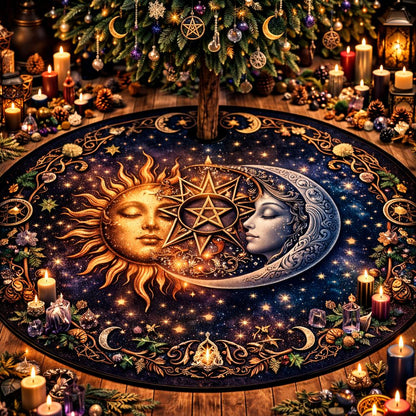 Dark velvet Christmas tree skirt with a golden sun, silver moon, and stars under a festive tree.
