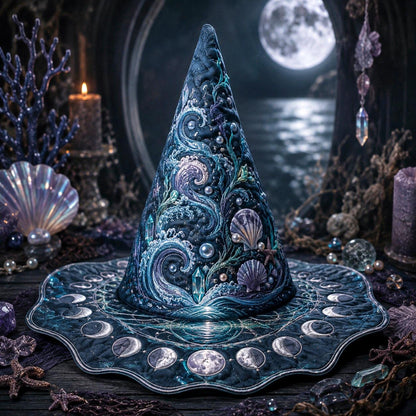 Moon Tide Witch Hat – Sea Witch Shell Celestial Wide Brim Hat – held in both hands
