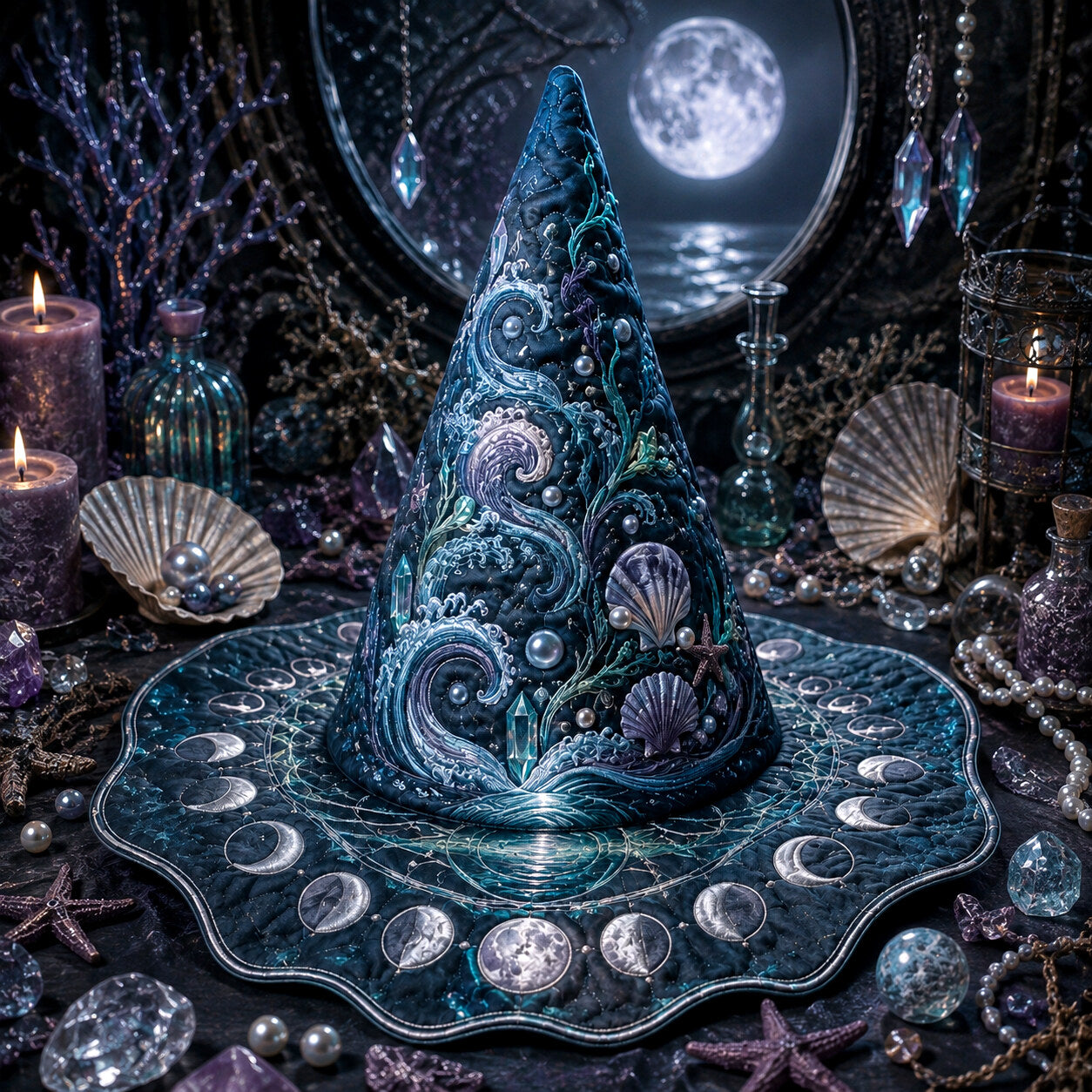 Moon Tide Witch Hat – Sea Witch Shell Celestial Wide Brim Hat – on an altar table