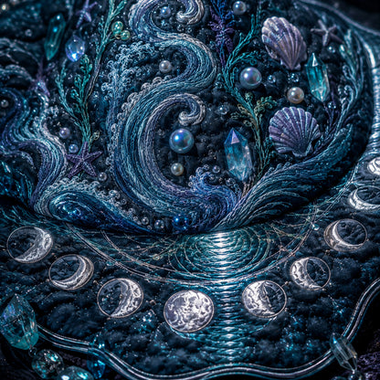 Moon Tide Witch Hat – Sea Witch Shell Celestial Wide Brim Hat – styled with candles and crystals