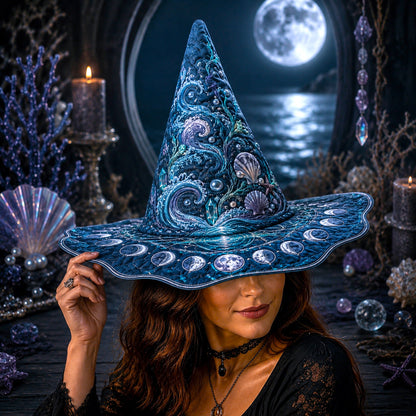 Moon Tide Witch Hat – Sea Witch Shell Celestial Wide Brim Hat – worn, front view