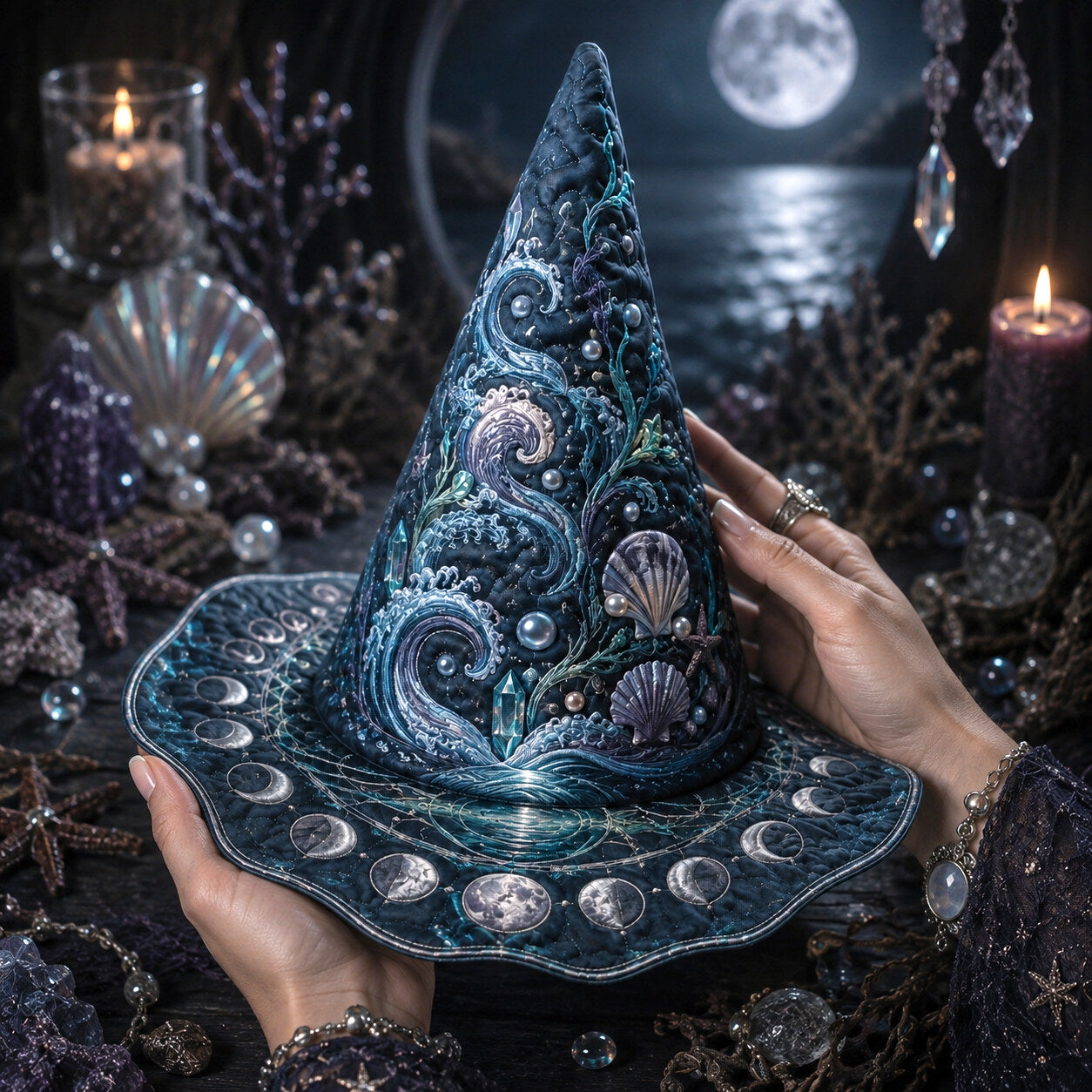 Moon Tide Witch Hat – Sea Witch Shell Celestial Wide Brim Hat – quilting and print detail