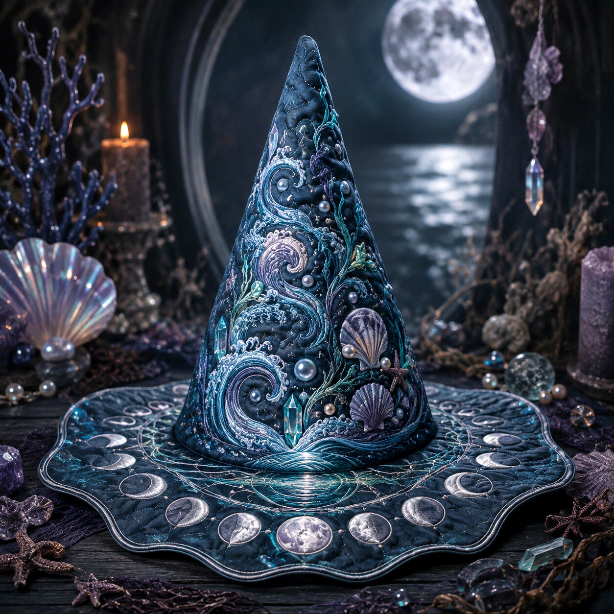 Moon Tide Witch Hat – Sea Witch Shell Celestial Wide Brim Hat – held in both hands
