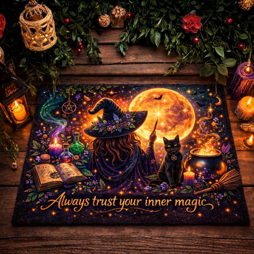 Moon Witch & Black Cat Doormat – Spooky Witchy Halloween Welcome Mat for Gothic Entryway-MoonChildWorld
