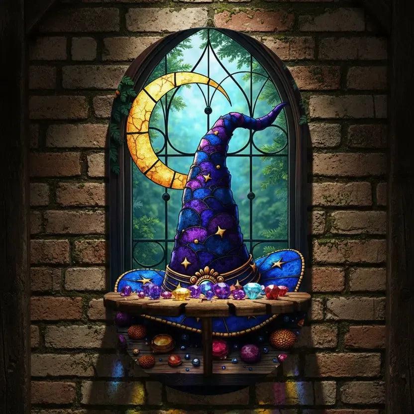 Moon & Witch Hat Wall Shelf for Crystals & Candles – Wooden Halloween Floating Shelf Witchy Altar Decor-MoonChildWorld
