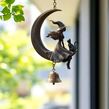 Moon Witch and Black Cat Metal Wind Chime - Witch Hanging Bell for Halloween Decor-MoonChildWorld