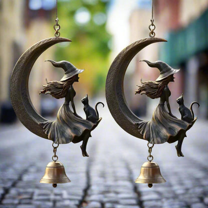 Moon Witch and Black Cat Metal Wind Chime - Witch Hanging Bell for Halloween Decor-MoonChildWorld