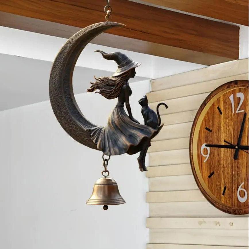 Moon Witch and Black Cat Metal Wind Chime - Witch Hanging Bell for Halloween Decor-MoonChildWorld