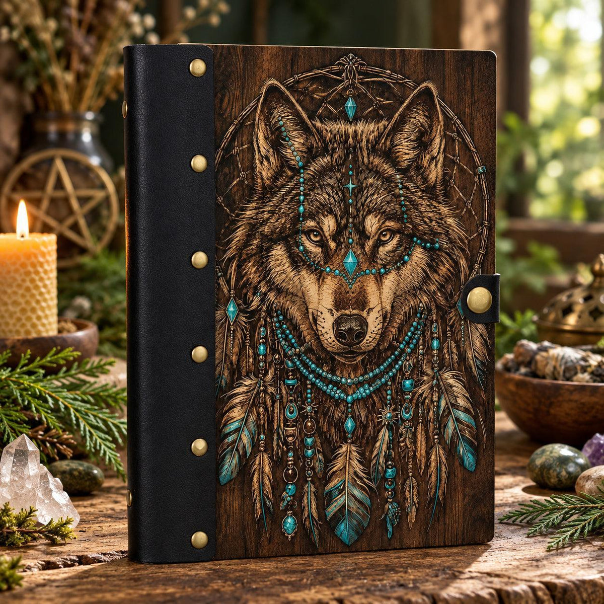 Moon Wolf Dreamcatcher Journal - Refillable Pagan Grimoire on a candlelit pagan ritual altar