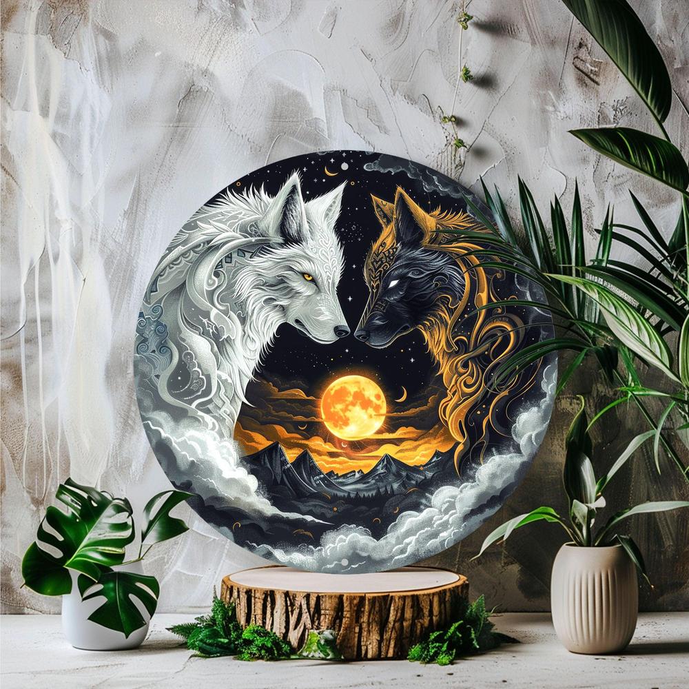 Moon Wolf Metal Sign Black and White Wolves Wall Sign-MoonChildWorld