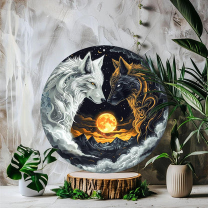 Moon Wolf Metal Sign Black and White Wolves Wall Sign-MoonChildWorld