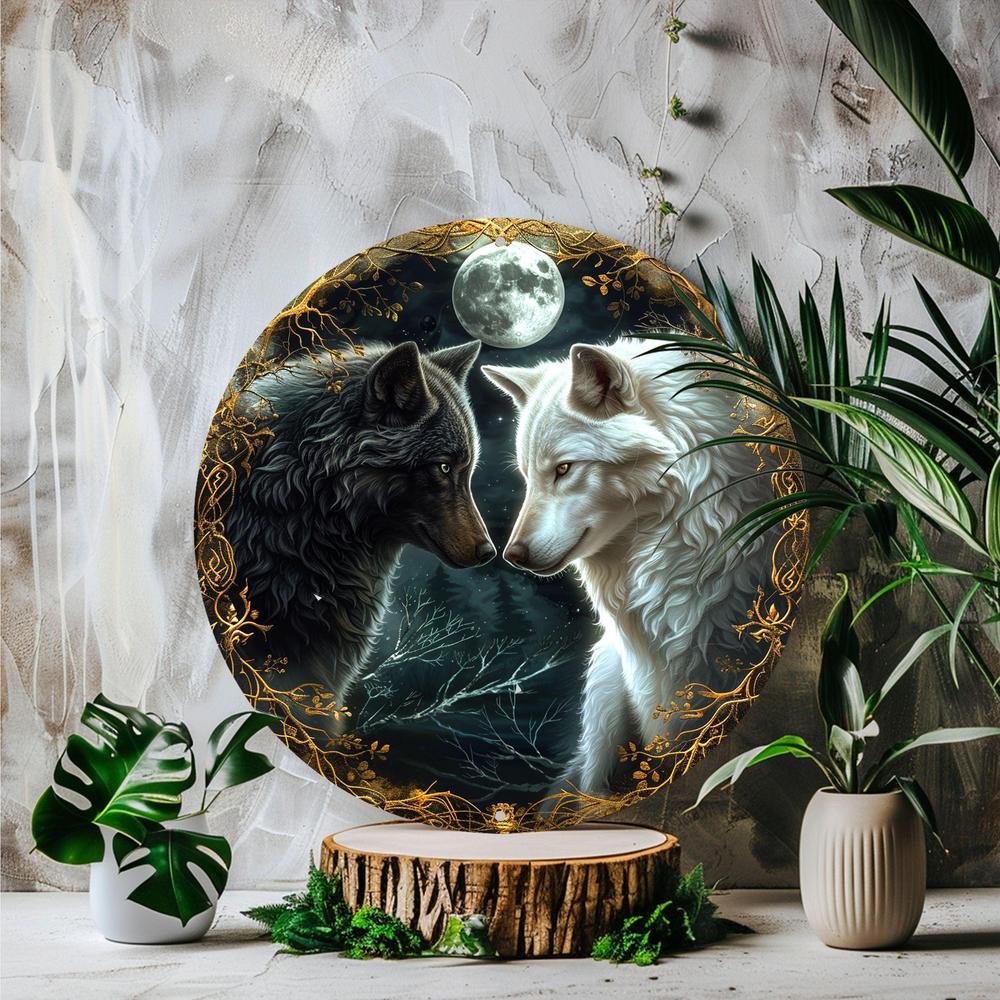 Moon Wolf Metal Sign Black and White Wolves Wall Sign-MoonChildWorld