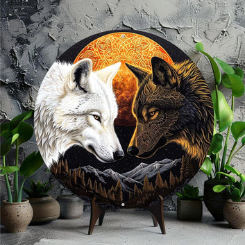 Moon Wolf Metal Sign Black and White Wolves Wall Sign-MoonChildWorld