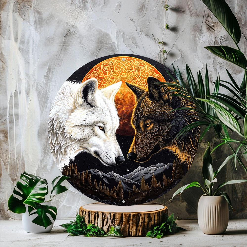 Moon Wolf Metal Sign Black and White Wolves Wall Sign-MoonChildWorld