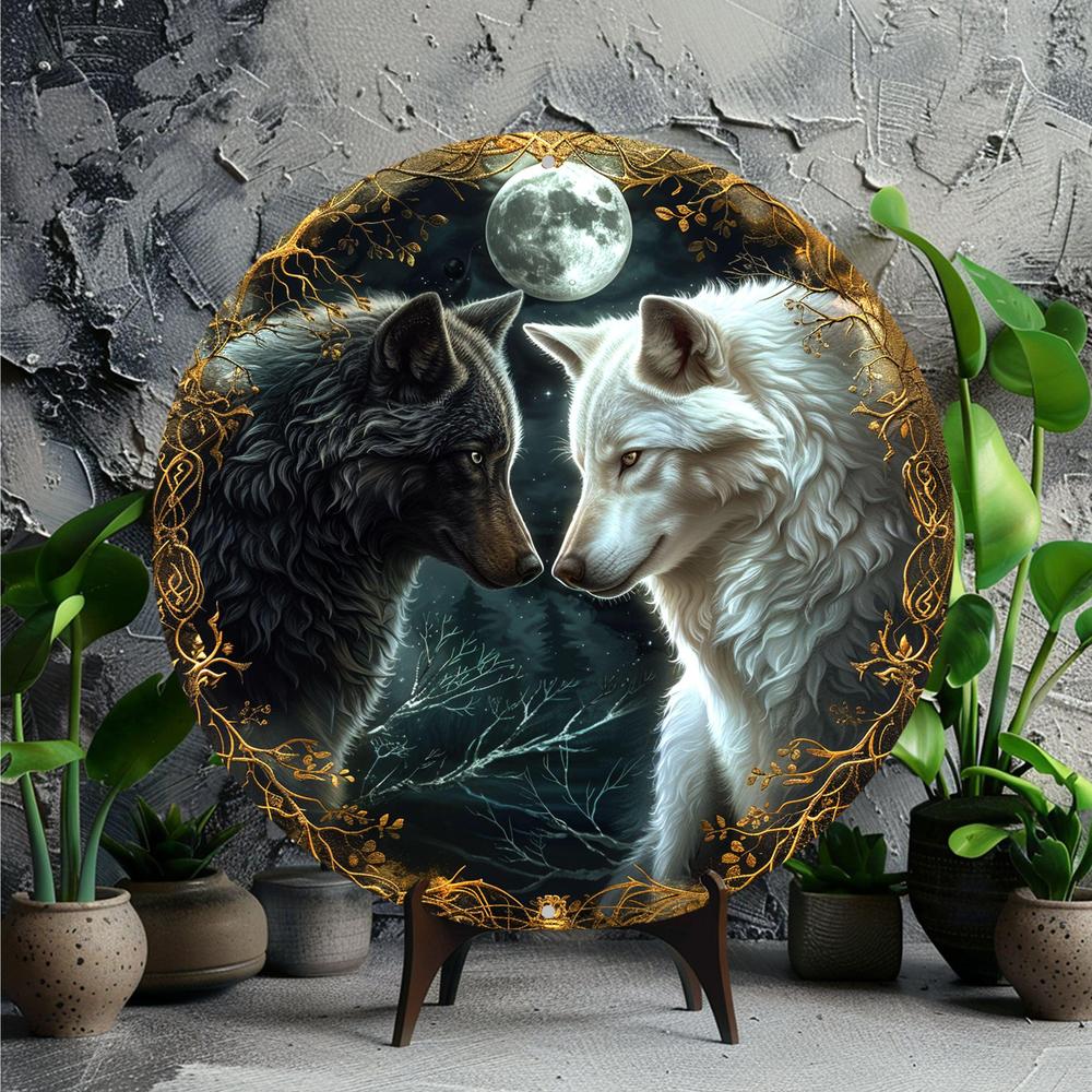 Moon Wolf Metal Sign Black and White Wolves Wall Sign-MoonChildWorld