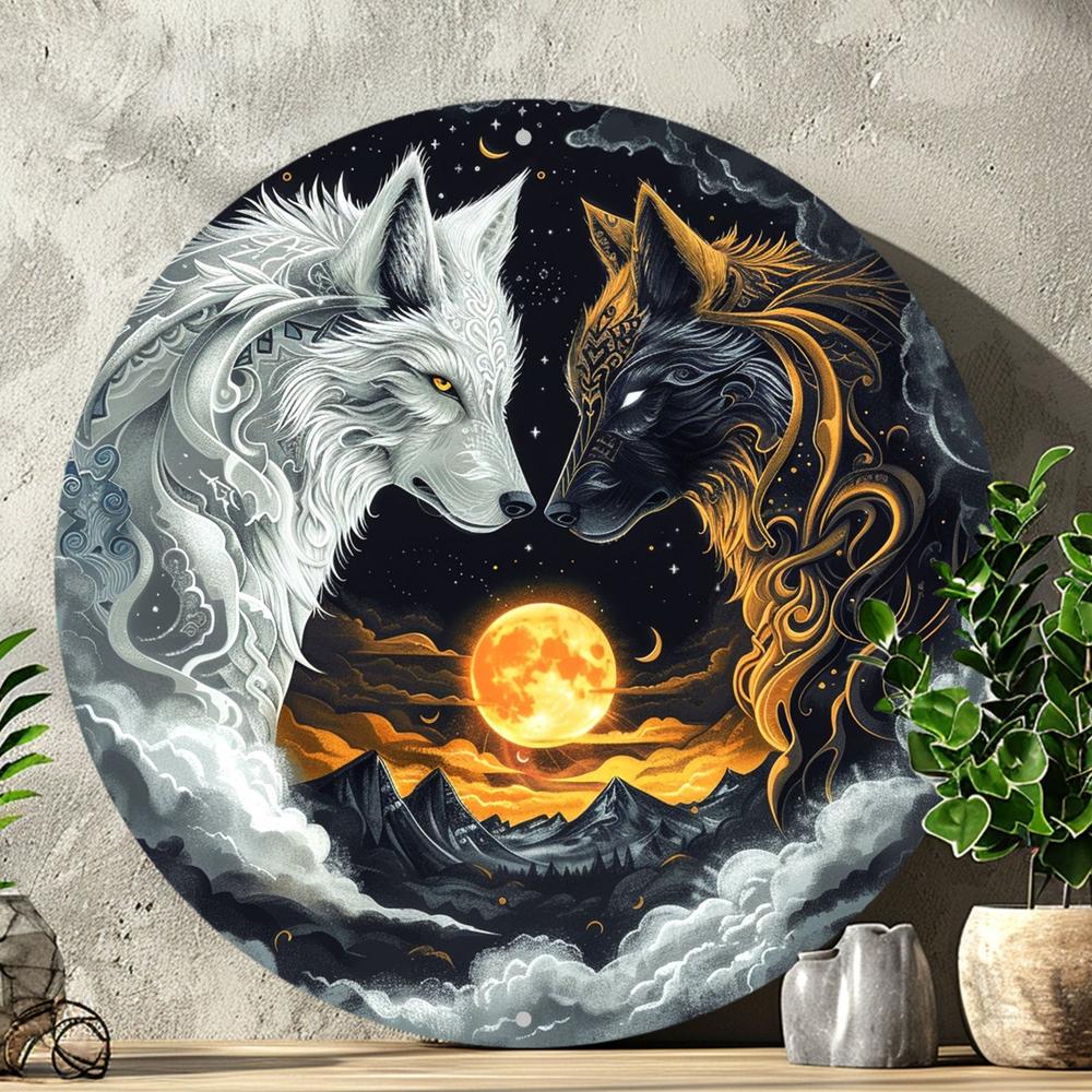 Moon Wolf Metal Sign Black and White Wolves Wall Sign-MoonChildWorld