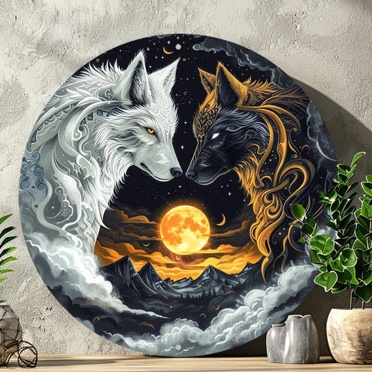 Moon Wolf Metal Sign Black and White Wolves Wall Sign-MoonChildWorld