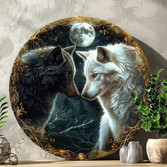 Moon Wolf Metal Sign Black and White Wolves Wall Sign-MoonChildWorld