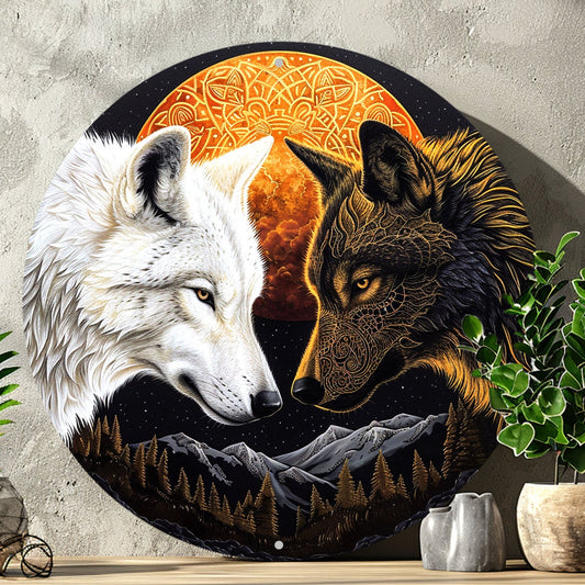 Moon Wolf Metal Sign Black and White Wolves Wall Sign-MoonChildWorld