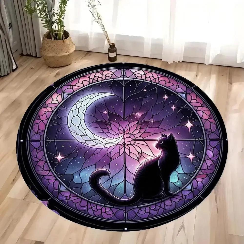 Moon and Black Cat Round Rug Gothic Witchy Cat Round Carpet for Christmas-MoonChildWorld