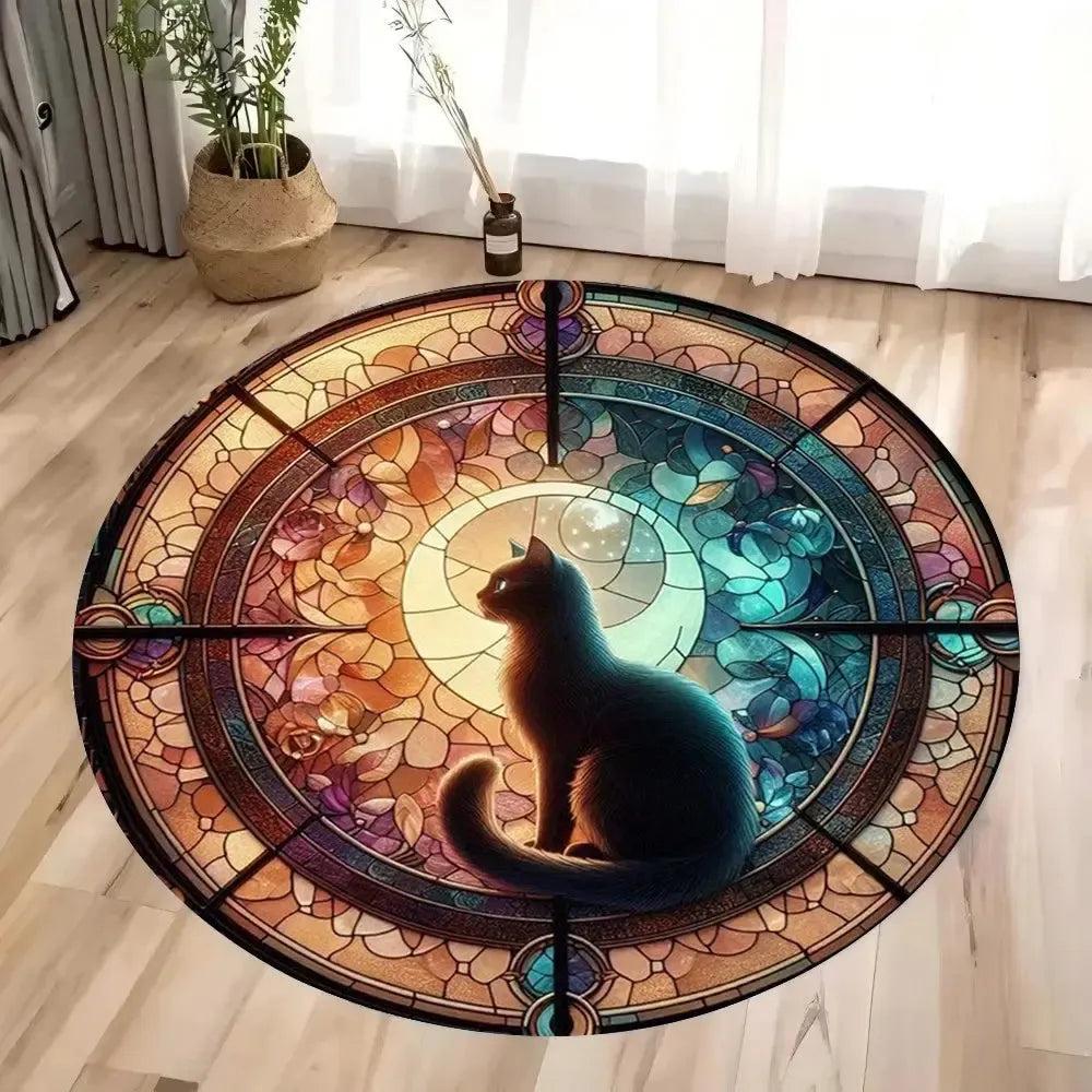 Moon and Black Cat Round Rug Gothic Witchy Cat Round Carpet for Christmas-MoonChildWorld
