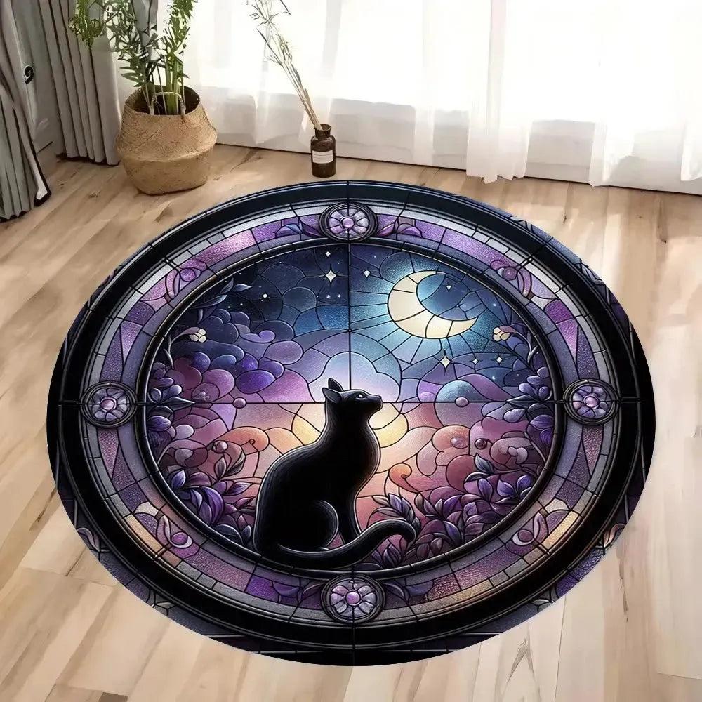 Moon and Black Cat Round Rug Gothic Witchy Cat Round Carpet for Christmas-MoonChildWorld